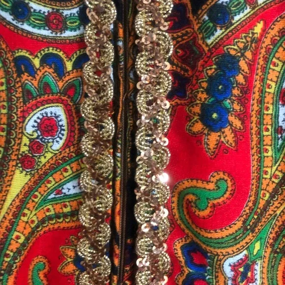 Vintage 60s 70s Psychedelic Paisley Palazzo Jumpsuit Gold Rick Rack Trim S-XS - Picture 4 of 12